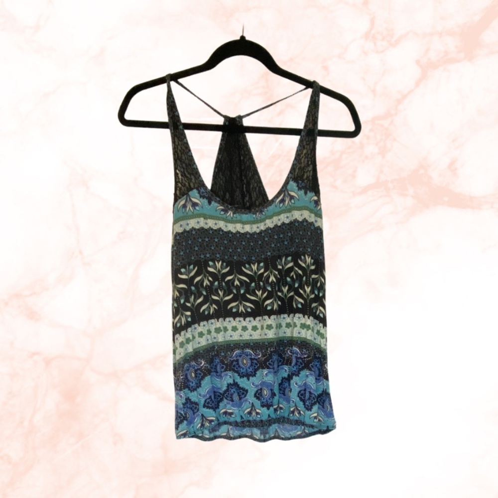Blue and green floral tank with beads and lace